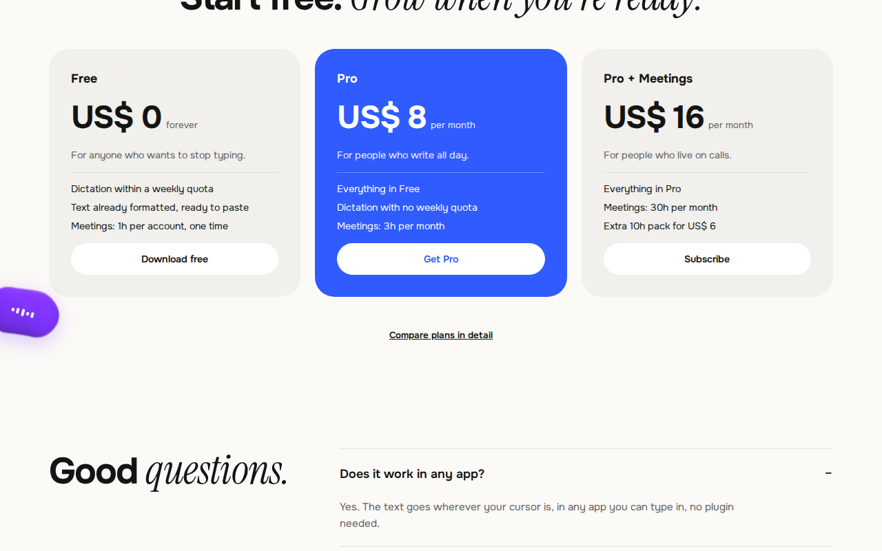 Loqui's pricing — Free $0, Pro $8, Pro + Meetings $16/month