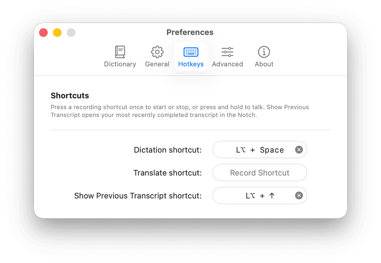 Openbroca Preferences — Hotkeys tab with dictation and transcript shortcuts