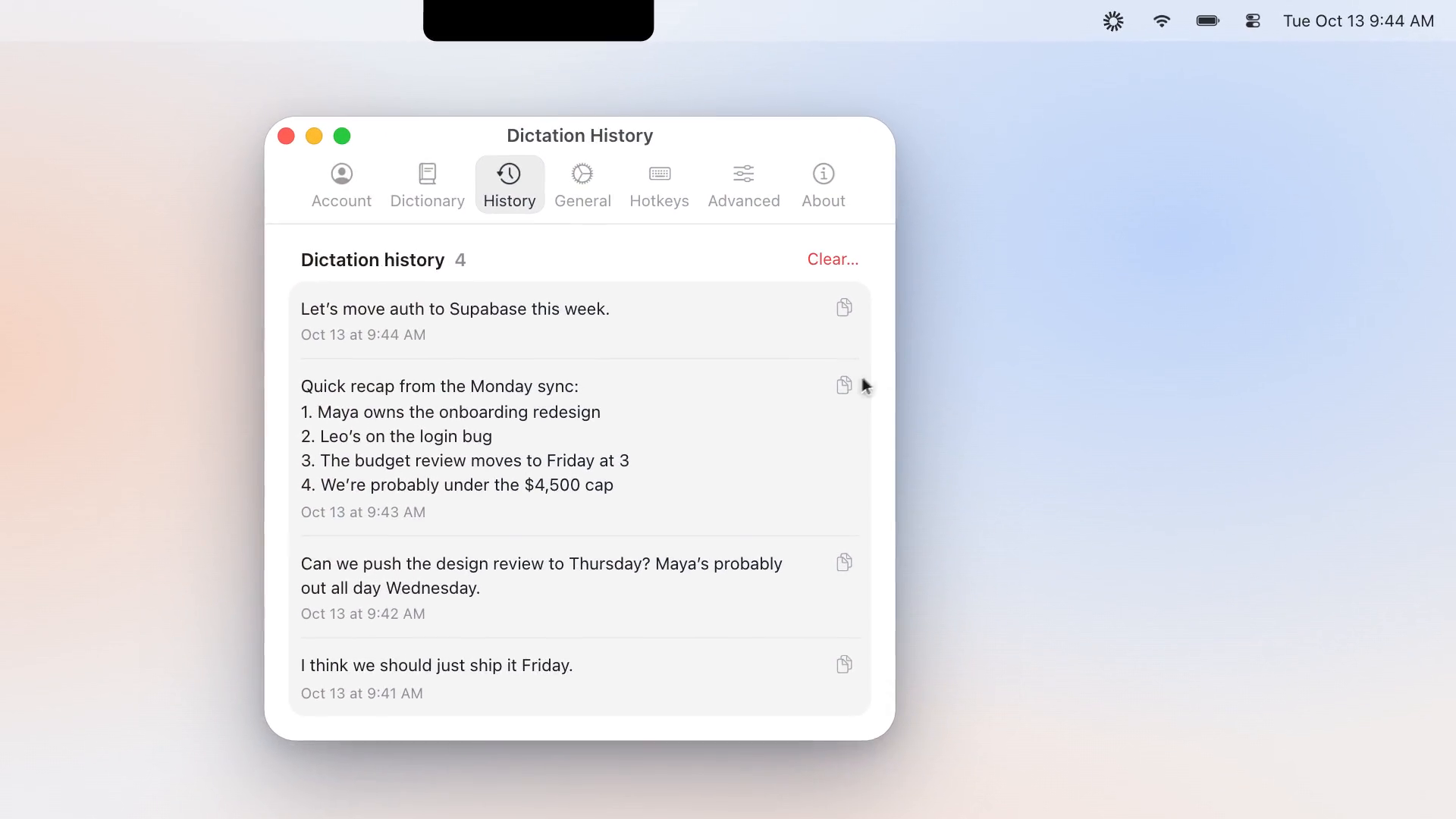 Openbroca's Dictation History tab: past transcripts stay saved in your account — frame from the official product film