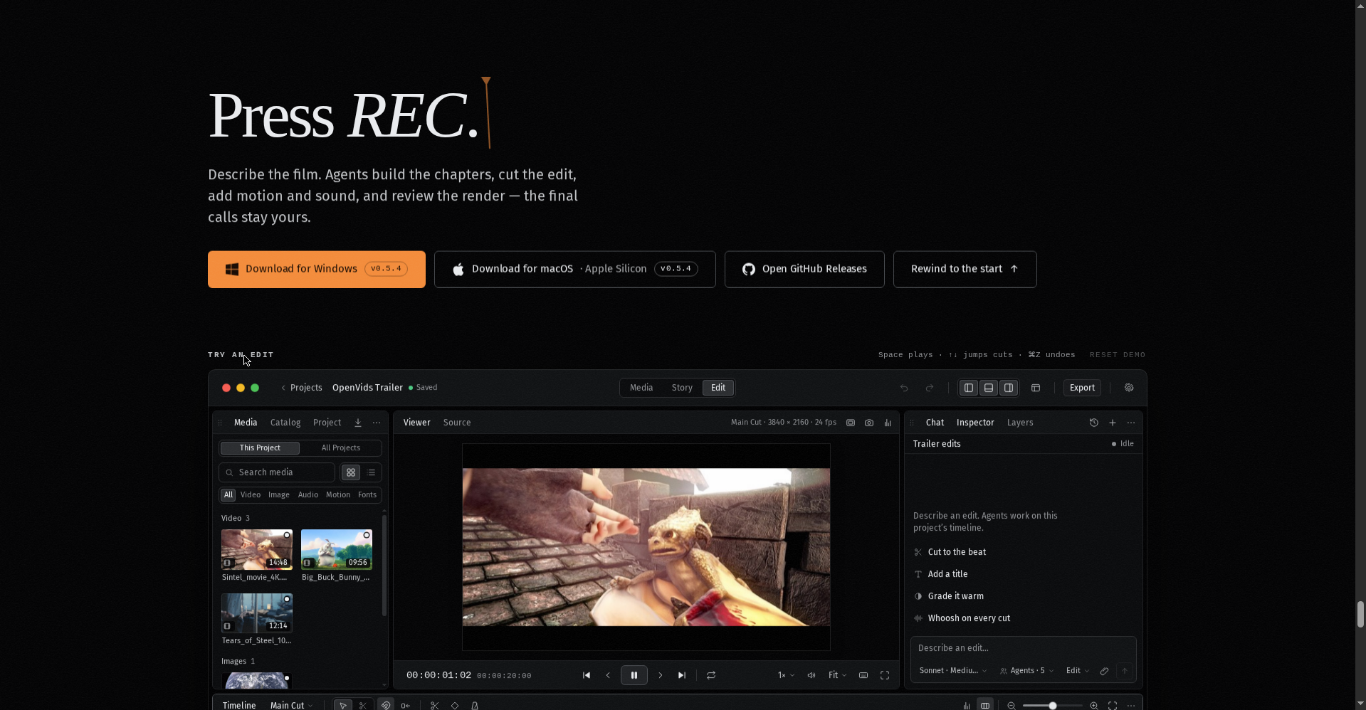OpenVids trailer — agentic editing demo