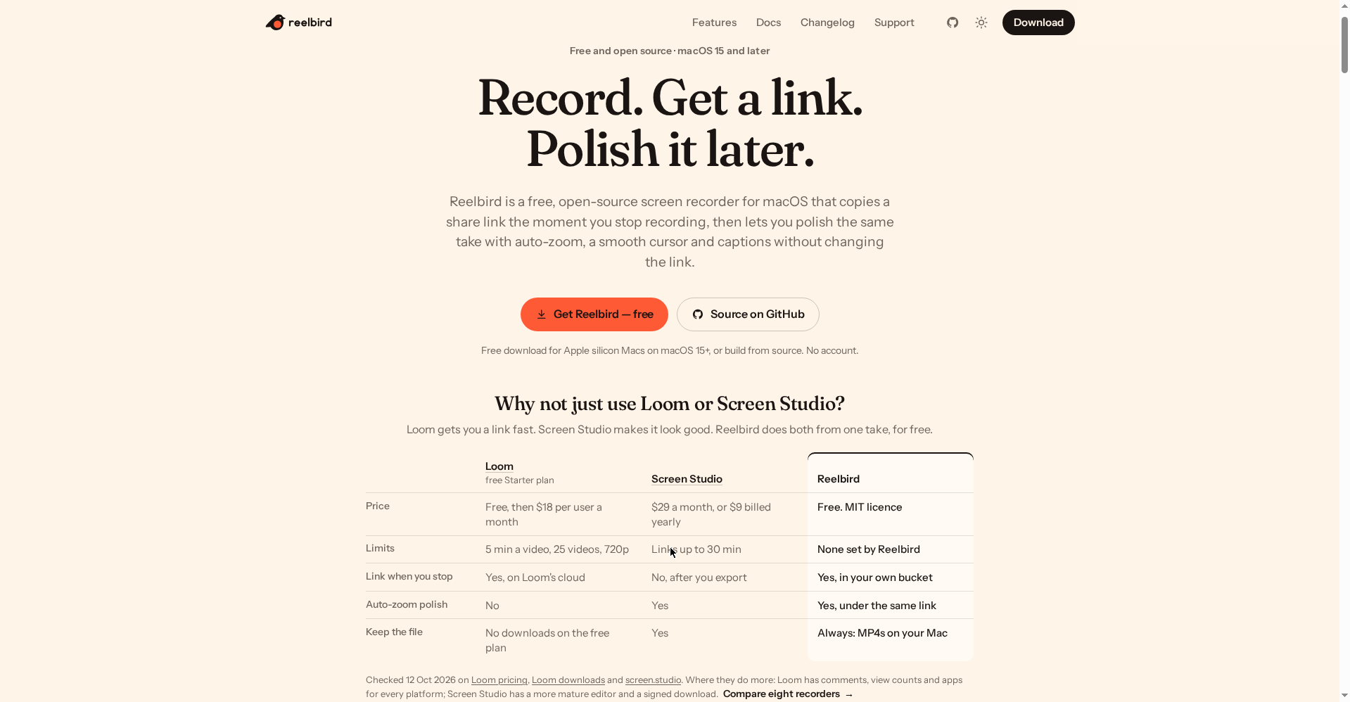 Reelbird vs Loom vs Screen Studio — the official comparison table