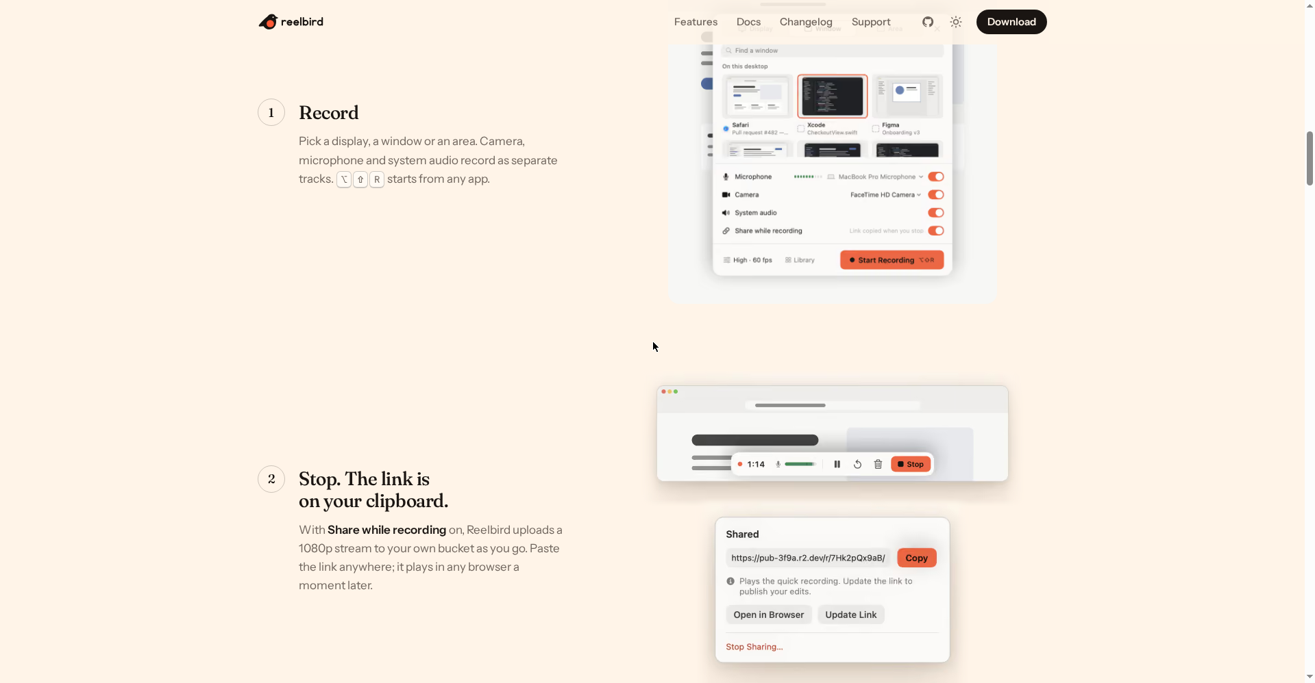 Reelbird's 3-step flow — Record, Stop (link on clipboard), Polish (same link)