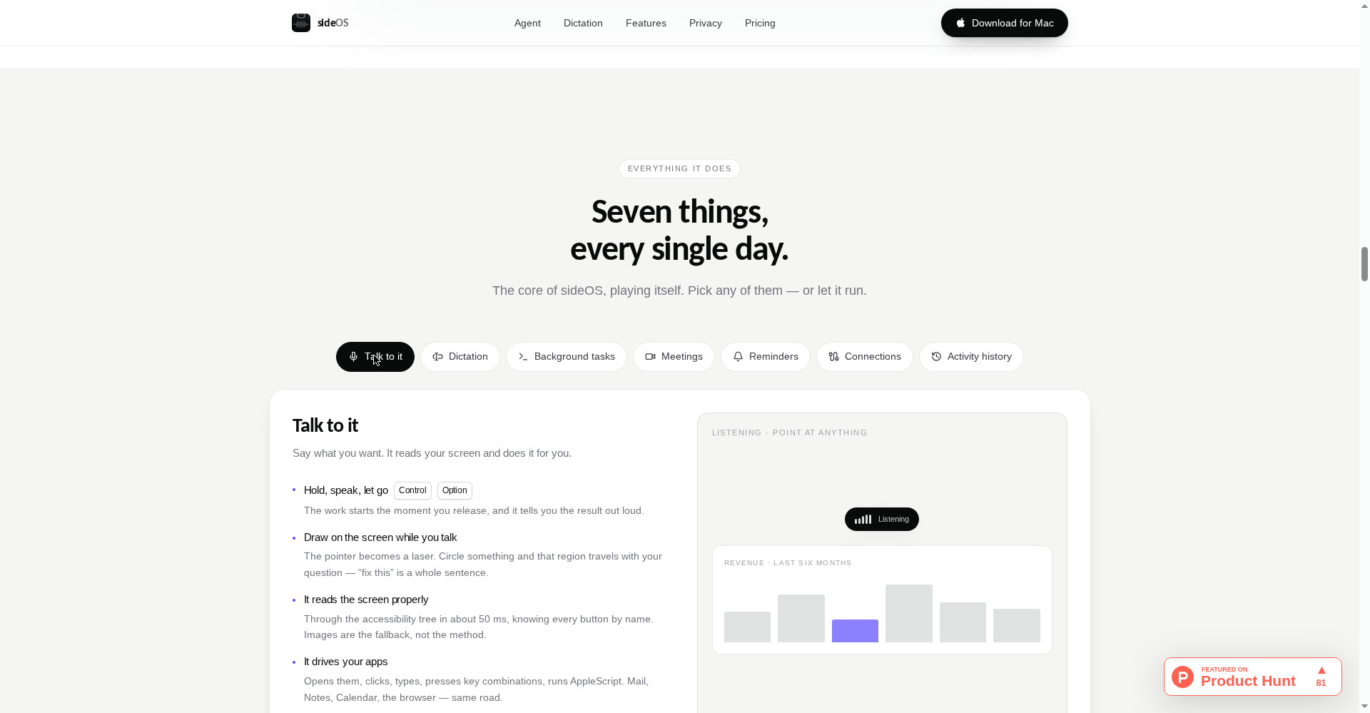 sideOS 'Talk to it' — speak, it reads your screen and does the work