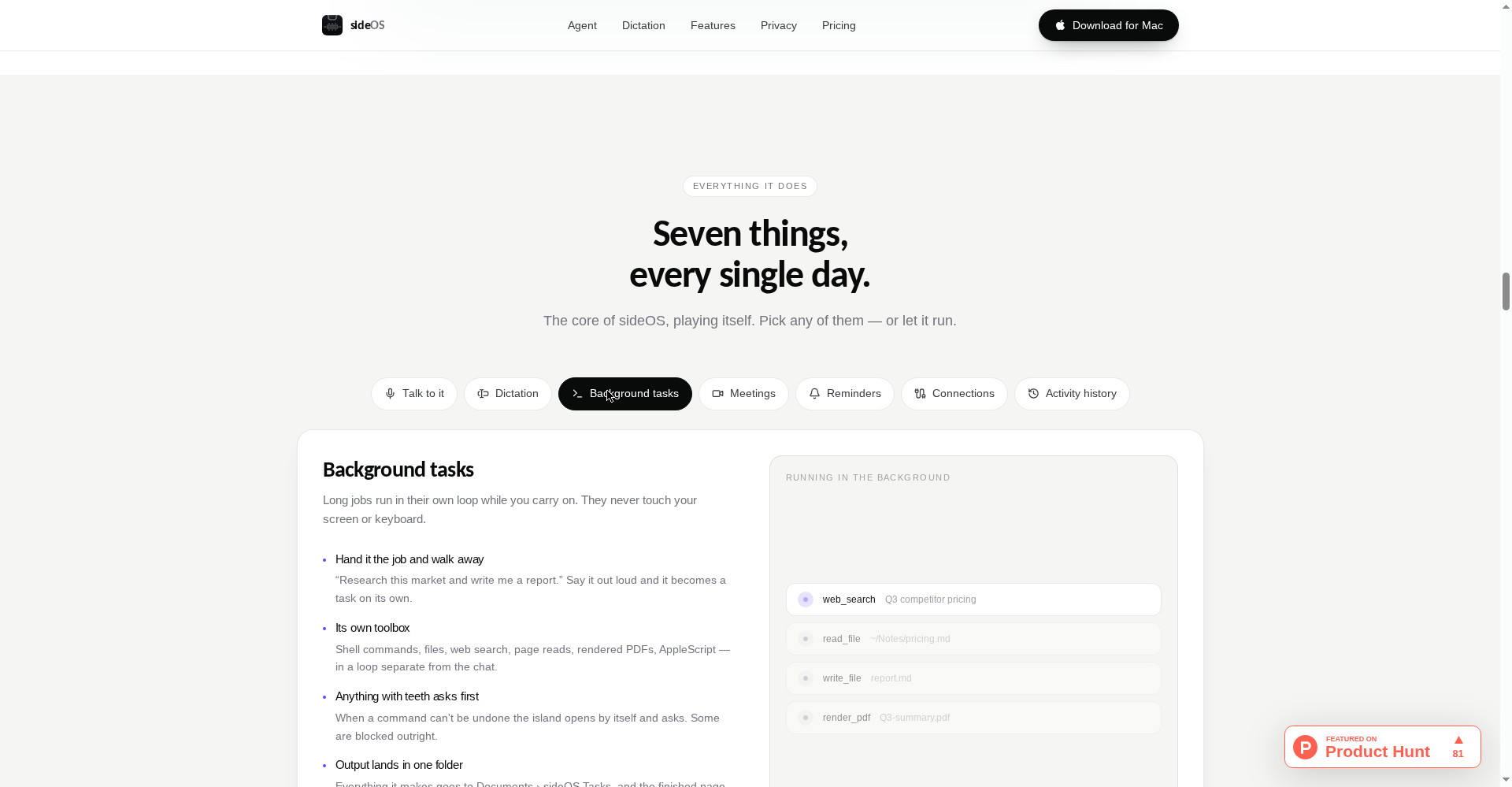 sideOS background tasks — research, report and PDF in their own loop