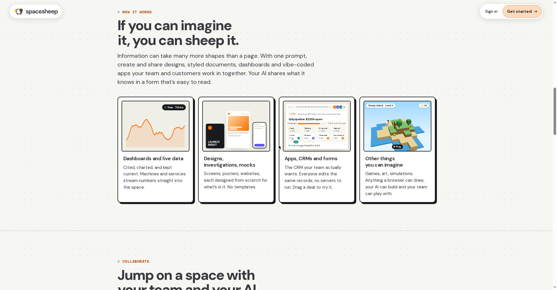 Spacesheep's four kinds of spaces: live dashboards, designs, apps/CRMs and games