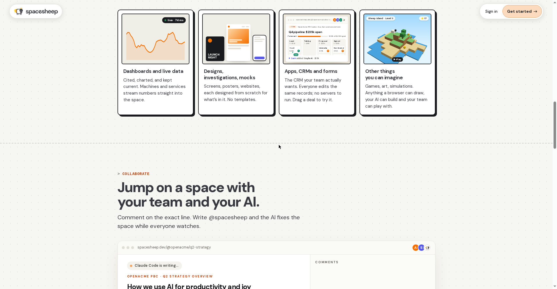 Spacesheep's collaborate section: work on one space with your team and your AI